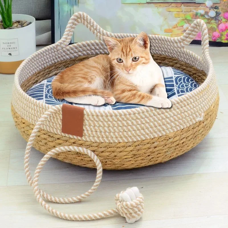 Cozy All-Season Weaving Cat Sleeping Nest with Universal Mats | Breathable & Comfortable Pet Bed