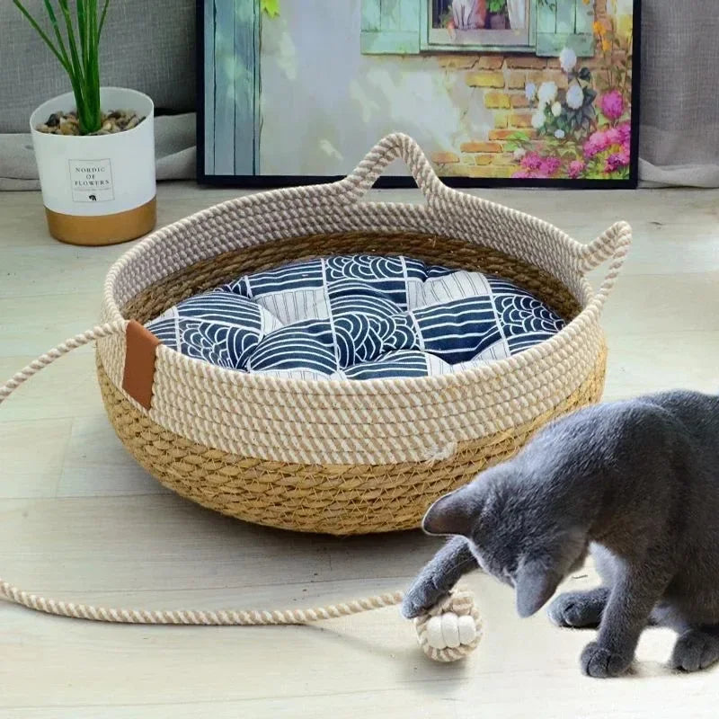 Cozy All-Season Weaving Cat Sleeping Nest with Universal Mats | Breathable & Comfortable Pet Bed