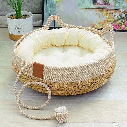 Cozy All-Season Weaving Cat Sleeping Nest with Universal Mats | Breathable & Comfortable Pet Bed