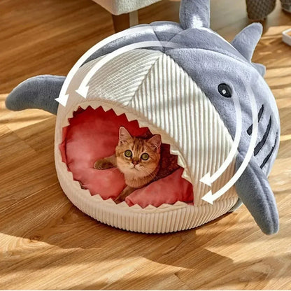 Shark-Shaped Cat House Bed - Soft & Warm Plush Pet Cave - Removable & Washable Pillow Mat for Cats & Small Dogs