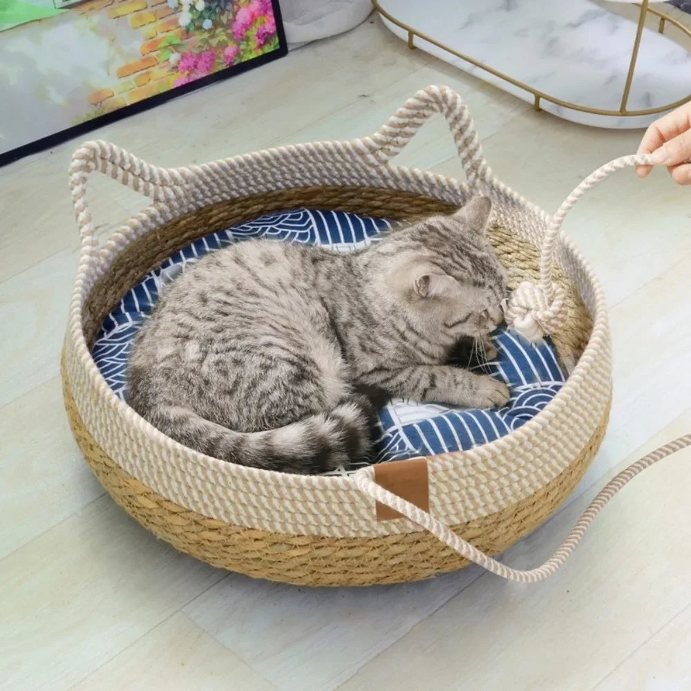 Cozy All-Season Weaving Cat Sleeping Nest with Universal Mats | Breathable & Comfortable Pet Bed