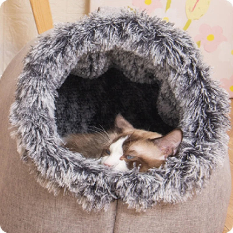 Scratchproof Plush Pet Cave - Enclosed Warm Soft Bed for Dogs & Cats | Deep Sleep Sofa for Kittens