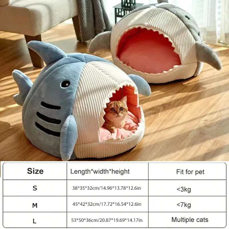 Shark-Shaped Cat House Bed - Soft & Warm Plush Pet Cave - Removable & Washable Pillow Mat for Cats & Small Dogs